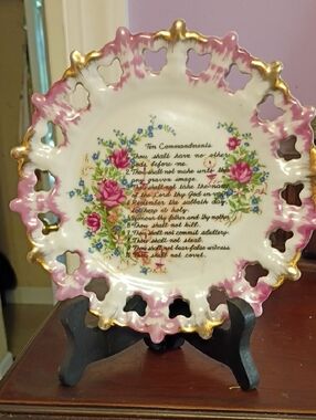 Decorative Porcelain Plate with Floral Ten Commandments Vintage